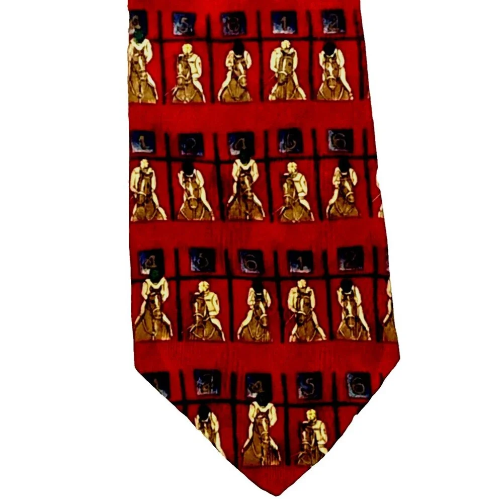 Ferrell Reed Vtg Tie Horse Racing Jockey Red Italian Silk Kentucky Derby USA Y2K